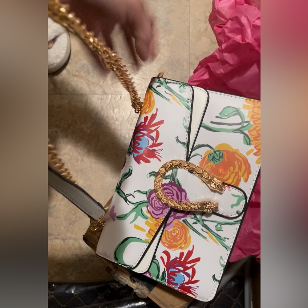 Fun Floral Crossbody Bag with Gold Chain and Accents